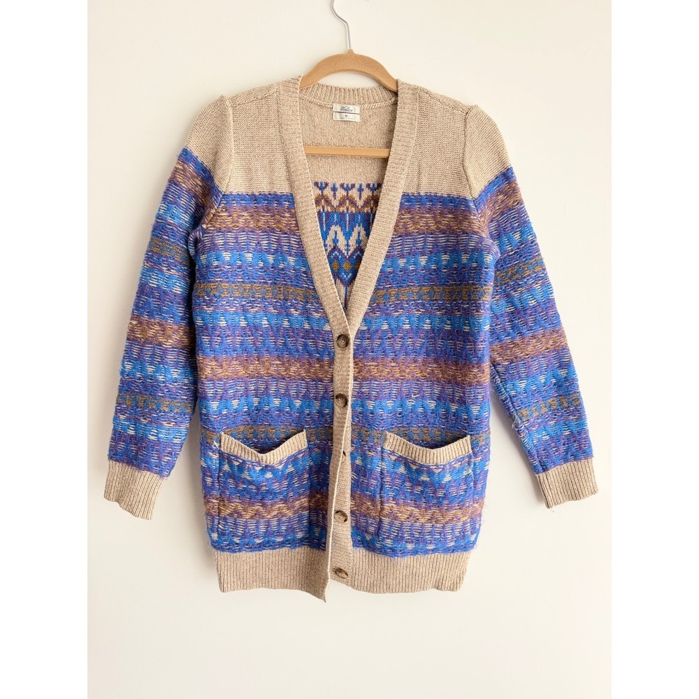 Wallace Wool Mohair Fair Isle Cardigan Sweater Blue/Tan Cozy Eclectic Grandpa M